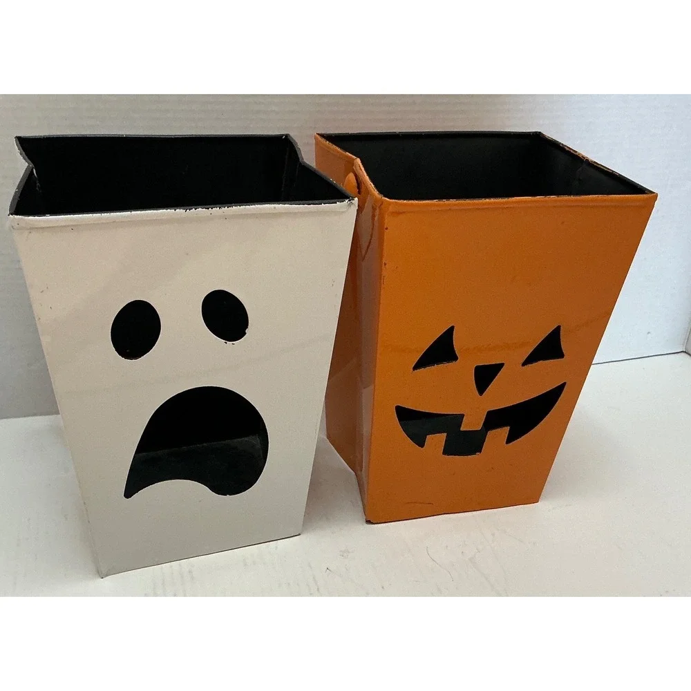 Halloween Metal Buckets Ghost Jack-O-Lantern Cutout Decor Set of 2 Orange White